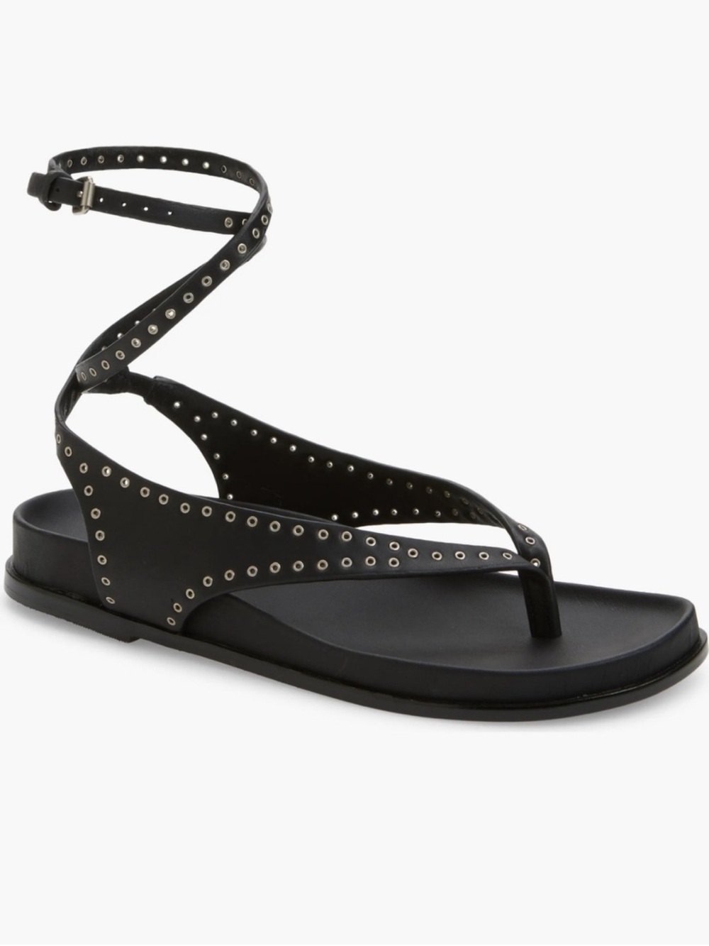 Madewell Eleni Black Eyelet Ankle-Wrap Thong Sandals with Silver Accents 7.5